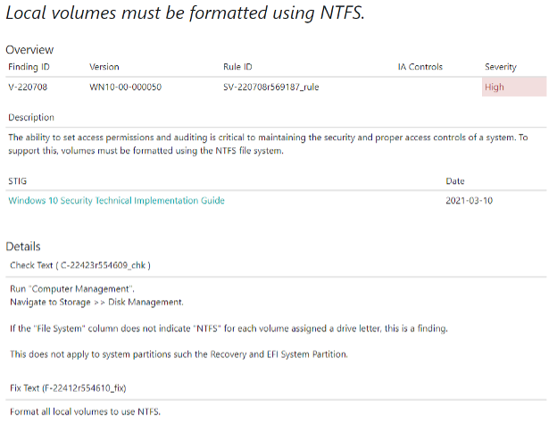 Local volumes must be formatted using NTFS.